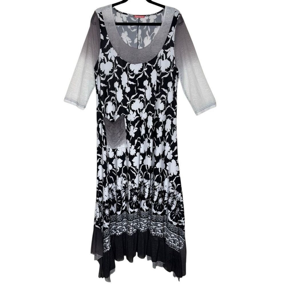 Simply Aster by Firmiana Midi/Maxi Dress Black & White Size L Boho, Lagenlook